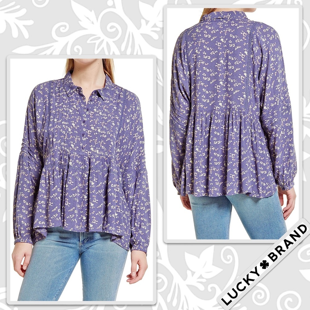 Lucky Brand Floral Long Sleeve Blouse in Blue Multi Cornflower Blue, Red, Cream